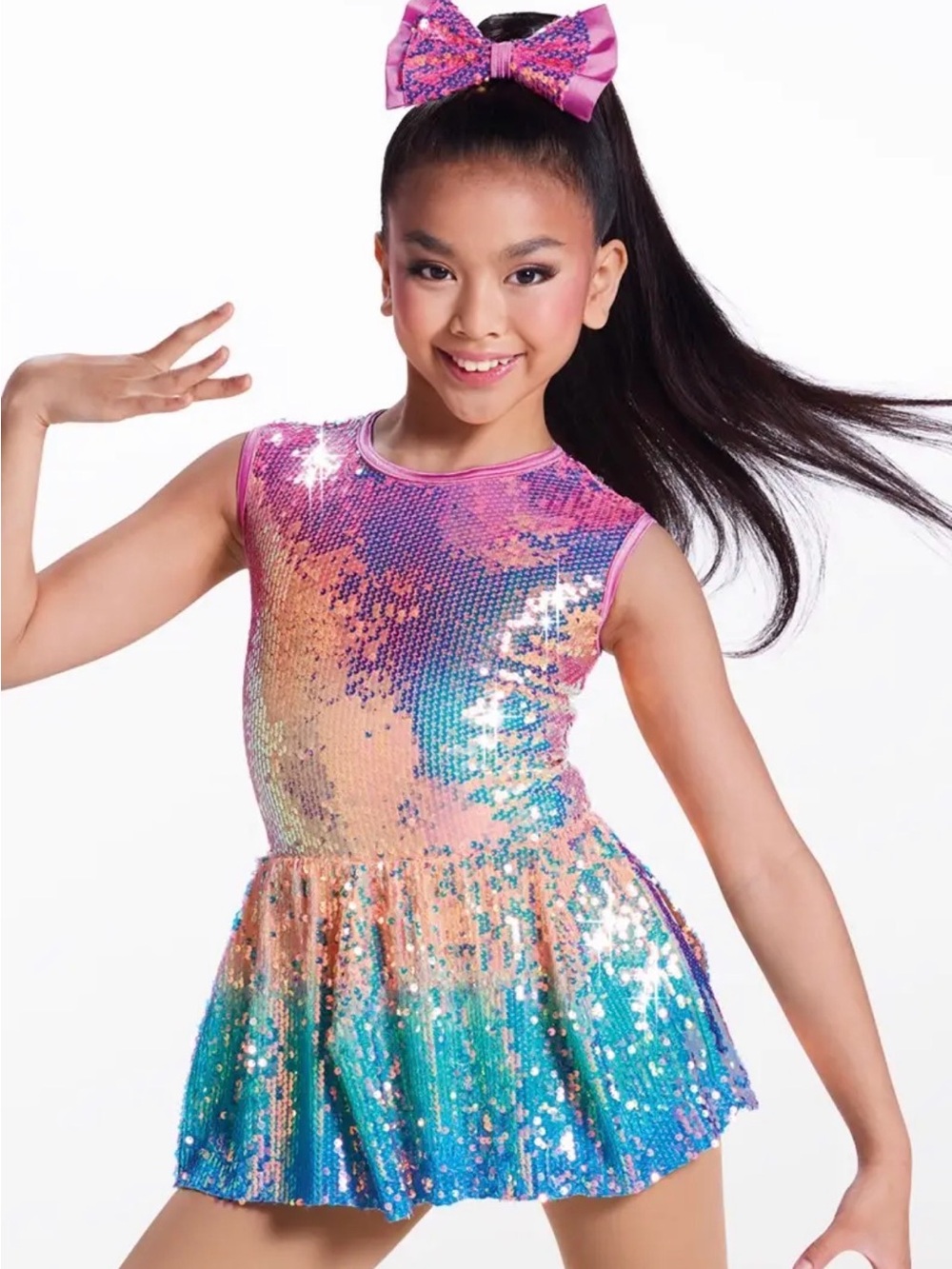 Weissman Pink Multicolor Sequin Dance Dress with Bow